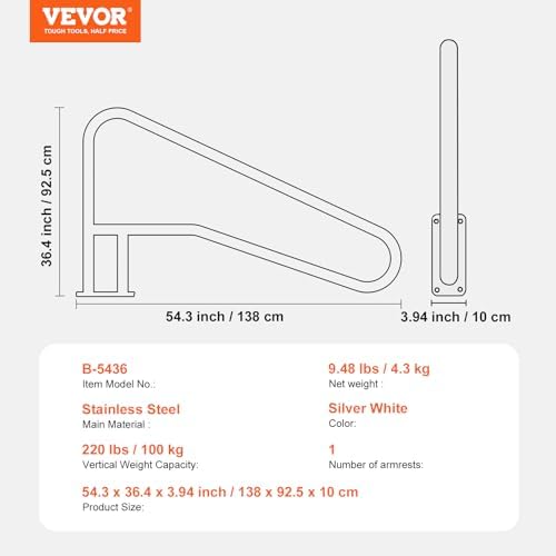 VEVOR Pool Rail 54x36 Pool Railing 304 Stainless Steel 250LBS Load Capacity Silver Rustproof Pool Handrail Humanized Swimming Pool Handrail with Blue Grip Cover & M8 Drill Bit & Self-Taping Screws