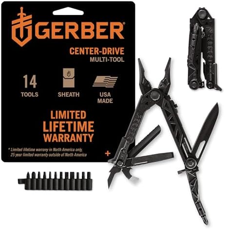 Gerber Gear Center-Drive Multitool - With Needle-Nose Pliers, 3.25" Blade & Center-Axis Bit Driver - Includes Magnetic Flathead & Phillips Bits - Comes with Coyote Brown Sheath - Made in USA - Black