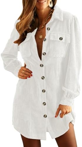 Alaster Queen Women's Corduroy Long Sleeve Button Work Tunic Short Dresses