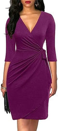 Berydress Women's 3/4 Sleeve V Neck Casual Party Work Faux Black Wrap Dress