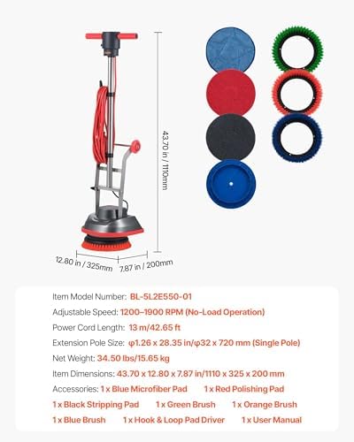 VEVOR Commercial Floor Scrubber Machine, Heavy Duty Floor Cleaner Polisher with 2 Wheels, Professional Electric Carpet Buffer, Max 1900 RPM, 43 FT Cord, 3 Pads & 3 Brushes - All Floor Surfaces