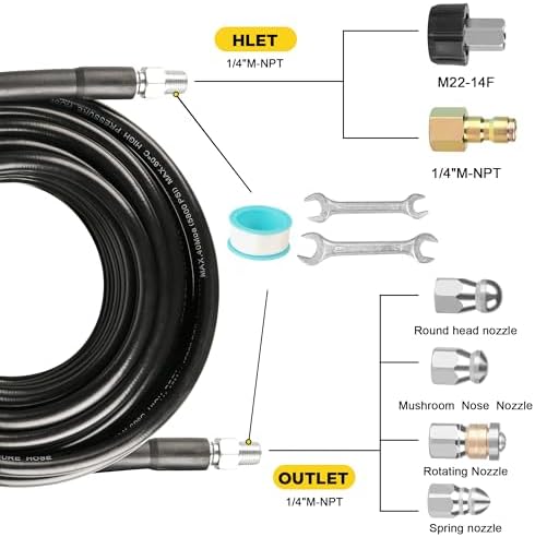 Pressure Washer Drain Jetter – Sewer Jetter Kit for Pressure Washer 50ft 1/4 Inch NPT Hose Nozzles and Adapter 5800PSI Clears Clogs in Pipes & Sewer Lines
