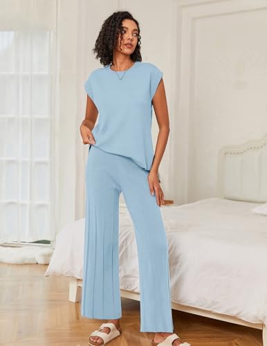 Ekouaer Lounge Sets for Women Two Piece Outfits Knit Cap Sleeve Tops Wide Leg Pleated Pants Casual Dressy Sweater Sets