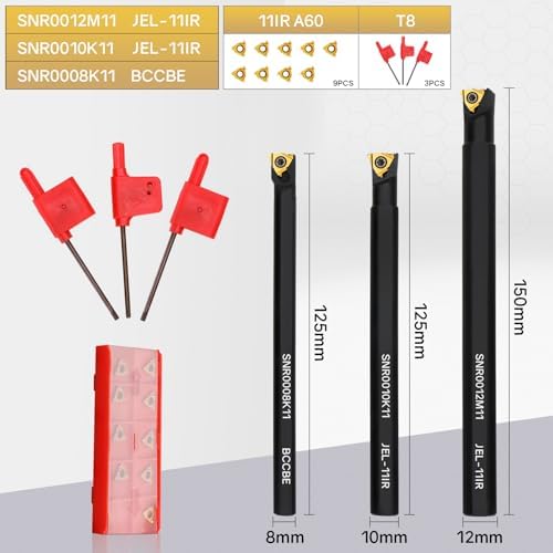 SNR0008K11, SNR0010K11, SNR0012M11 Indexable Lathe Turning Tool 12Pcs Kit, 3 Pcs Metal Lathe Tools Holder Set, with 9Pcs 11IR A60 Carbide Inserts Turning Inserts Carbide Turning Tool