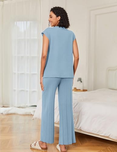 Ekouaer Lounge Sets for Women Two Piece Outfits Knit Cap Sleeve Tops Wide Leg Pleated Pants Casual Dressy Sweater Sets