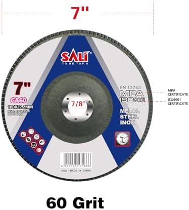 Sali 10 Pack Flap Disc 60 Grit 7" x 7/8-Inch Sanding Disc Bevel Type #29 Premium and Industrial Grade Angle Grinder Grinding Wheel High Performance Edge Grinding