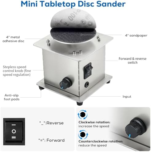 Mini Tabletop Disc Sander, 4” Electric Bench Sanding Machine with 20 Sandpapers, Stepless Speed Control 0-6000 RPM, Forward/Reverse Switch, DIY Woodworking & Craft Tool