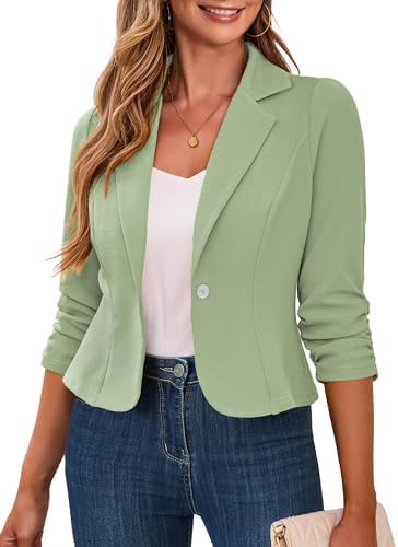 Traleubie Women's Cropped Blazer 3/4 Ruched Sleeve Business Casual