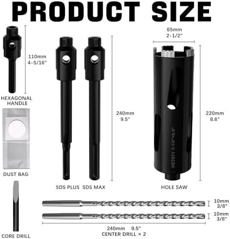 Diamond Core Drill Bit 2-1/2"(65mm) with Pilot Bit & Adapters (SDS Plus & Hex) – Upgraded Welded Segments, 8.6" Depth – for Concrete, Solid Brick, Hollow Brick, Masonry & More