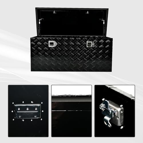 44 Inch Heavy Duty Aluminum Truck Tool Box Pick Up Truck Bed RV Trailer Toolbox Storage Organizer with Side Handle, Lock & Keys，Black,5 Bar Tread 44"(L) X18''(W) X18(H) Storage Box