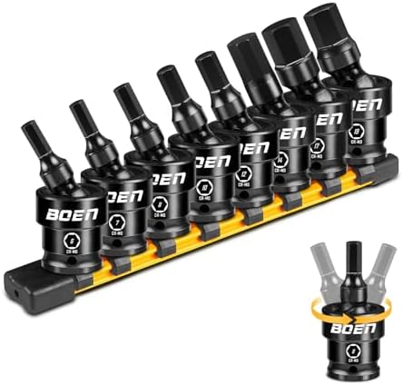BOEN 8-Pieces Universal Hex Bit Driver Impact Socket, 1/2" Drive Metric Size (6, 7, 8, 10, 12, 14, 17, 19mm) With Socket Rail, CR-MO Steel