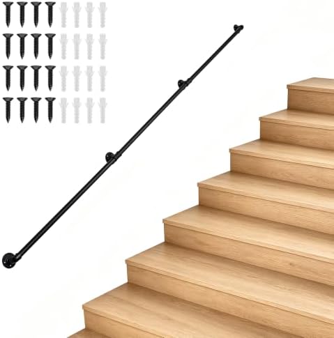 9FT Metal Staircase Hand Rail, Wall-Mounted Industrial Pipe Stair Handrail | Black Galvanized Iron Handrails for Garage, Porch, Toilet, Yard and Garden, Vintage Railing for Outdoor Indoor Stairs