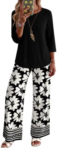 WIHOLL Two Piece Sets for Women Lounge 3/4 Length Sleeve Womens Tops Graphic Pants with Pockets Summer Outfits 2026