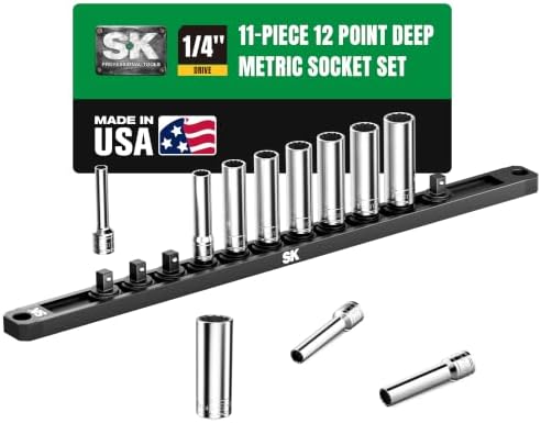 SK Tools USA 1/4" Drive Socket Set, Deep Metric Sockets, 11-Piece 5-14mm | 12 Point, SuperKrome Finish, Premium CR-V Steel, with Storage Rail