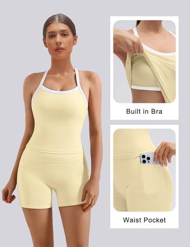 SUUKSESS Women 2 Piece Workout Sets High Waisted Biker Shorts with Pockets Built in bra Racerback Tank Tops