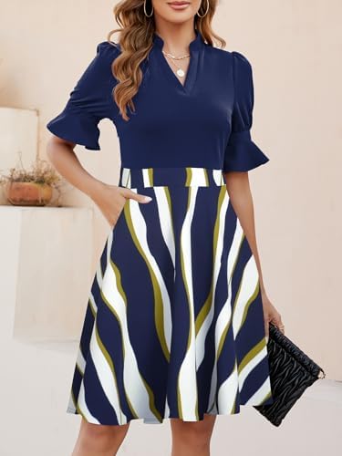 Mokayee Womens Summer V Neck Ruffle Short Sleeve Fit and Flare Knee Length Church Wedding Guest Dresses with Pockets