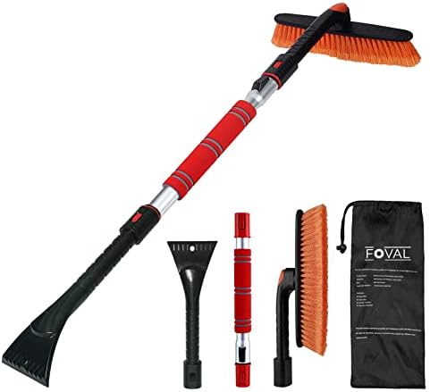 FOVAL 47.2" Extendable Snow Brush and Wider Ice Scraper (4.73" Width) with 360° Pivoting Brush Head, Snow Removal Tool Car Brush with Comfortable Foam Grip for Car Windshield, Trucks, SUVs