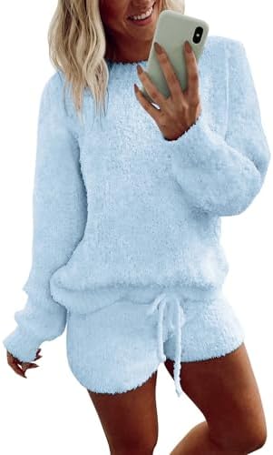 Ekouaer Fuzzy Fleece Pajamas 2 Piece Warm Soft Lounge Set Long Sleeve Sweater Top and Shorts Loungewear Outfits Sweatsuits