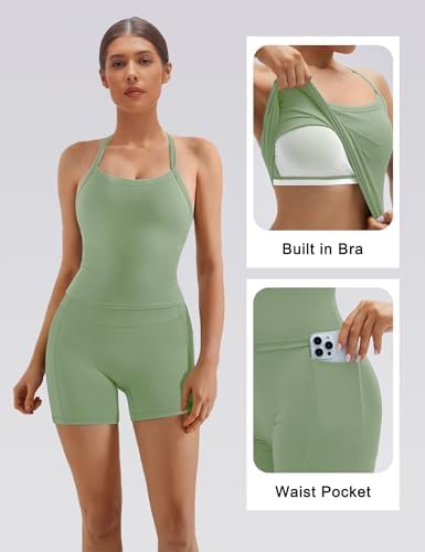 SUUKSESS Women 2 Piece Workout Sets High Waisted Biker Shorts with Pockets Built in bra Racerback Tank Tops