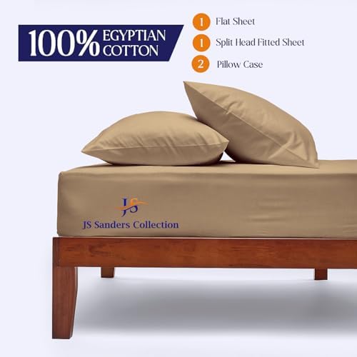 JS Sanders Collection 600TC Flex Top Queen Sheets for Sleep Number Bed - 100% Cotton 4 Pcs Top Split Queen Sheets for Adjustable Bed Queen 30 Inch Down Taupe -18 Inch Deep