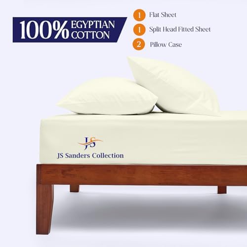 JS Sanders Collection 600TC Flex Top Queen Sheets for Sleep Number Bed - 100% Cotton 4 Pcs Top Split Queen Sheets for Adjustable Bed Queen 36 Inch Down Ivory -18 Inch Deep