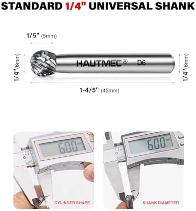 HAUTMEC Tungsten Carbide Rotary Burr Bit YG6, 1/4" Shank Double Cut Die Grinder Bit, Low Vibration Precision Rotary File for Metal Grinding, Engraving & Deburring (6MM Ball Head), HT0449