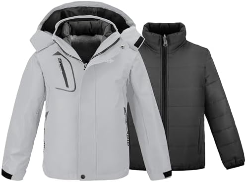 wantdo Boys' 3-in-1 Ski Jacket Fleece-Lined Winter Coat Hooded Raincoat