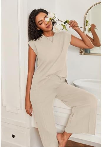 Ekouaer Lounge Sets for Women Two Piece Outfits Knit Cap Sleeve Tops Wide Leg Pleated Pants Casual Dressy Sweater Sets