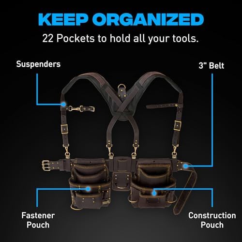 OX Framing Leather Tool Belt + Suspenders - Carpenter Tool Belt - Size XL