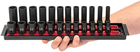 TEKTON 3/8 Inch Drive Impact Socket Set, 24-Piece | SID91213 | (8 - 19 mm), Shallow and Deep, 12-Point, Socket Rail