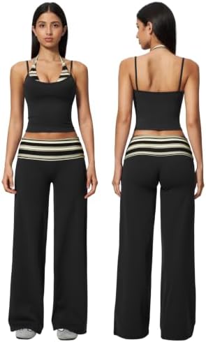 QBGJTD Womens Workout Sets Two Piece Striped Tank Top Wide Leg Yoga Pants Yoga Pilates Outfits