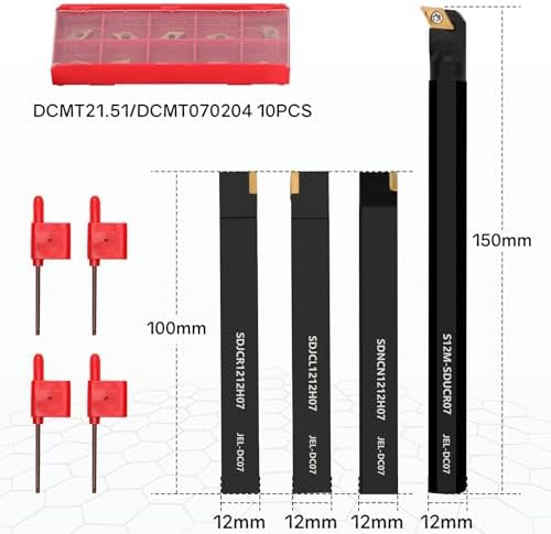 Indexable Lathe Turning Tool 1/2" 12mm Shank 14PCS Kit-4PCS Metal Lathe Tools Holder 10PCS DCMT21.51 Carbide Insert for Grooving Turning Boring SDNCN12120H07/SDJCR1212H07/S12M-SDUCR07/SDJCL1212H07