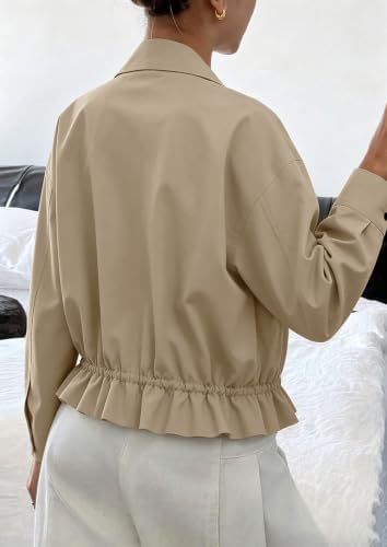 Womens Funnel Neck Jackets Fall Casual Ruffle Hem Cropped Coats