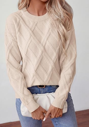 Okiwam Women's Long Sleeve Sweaters Crewneck Cable Knit Pullover