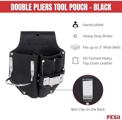 FESA Durable Leather Pliers Holster - Leather Double Plier Holder for Belt with Steel Hammer Holder, Tape Clip & 2 Carpenter's Pencil Pockets - Clip On Any Belt - Handcrafted