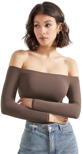 SUUKSESS Women Off Shoulder Long Sleeve Bodysuits Double Lined Basic Tops