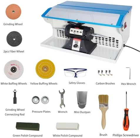 110V 1200W Jewelry Polisher Machine with Digital Display, Jewelry Polisher Bench Buffer with Integrated Dust Collector, Exhaust Fan, Work Light and Motor Housing