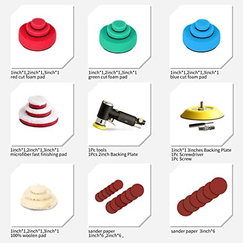 1/2/3 Inch Random Orbital Air Sander, Mini Pneumatic Sander for Auto Body Work, High Speed Air Powered Polisher with 15 Polishing Buffing Pads,18 Sandpapers