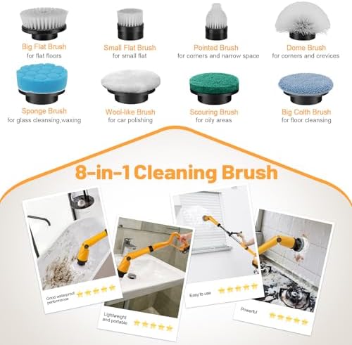 1500 RPM Electric Spin Scrubber for DeWalt 20V Battery, Power Shower Scrubber for Bathroom/Floor/Bathtub/Toilet/Tile,Electric Cleaning Brush with Long Handle & 8 Replaceable Brush
