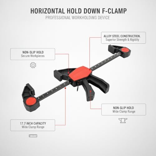 Multipurpose Horizontal Hold Down F-Clamp for Woodworking and Metalwork, 17.7 Inch Capacity Alloy Steel Workholding Device