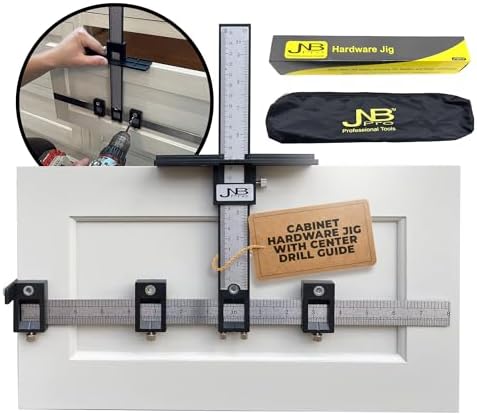 Cabinet Hardware Jig with Center Drill Guide, Hole Drilling for Drawer Handles and Pulls, Easy Install Tool - Full Aluminum Body with Free Carrying Case