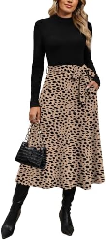 OFEEFAN Long Sleeve Dress Mock Neck Tie Waist Ribbed Knit Midi Dresses Fall Outfits