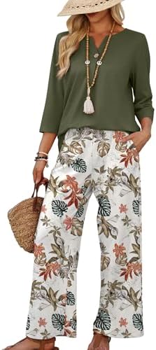 WIHOLL Two Piece Sets for Women 3/4 Length Sleeve Lounge Sets Summer Spring Vacation Travel Outfits Fashion Clothing