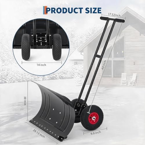 MAXSA 29"W Adjustable Snow Shovel with Wheels for Driveway, 20"Hight, Black