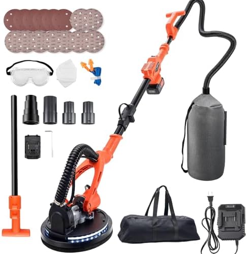 VEVOR Cordless Drywall Sander, 450W Electric Sander, Popcorn Ceiling Removal Tool with Vacuum Dust Collection, 7 Variable Speed 0-1600 RPM, LED Light, Foldable & Extendable Handle, 15 Sanding Discs