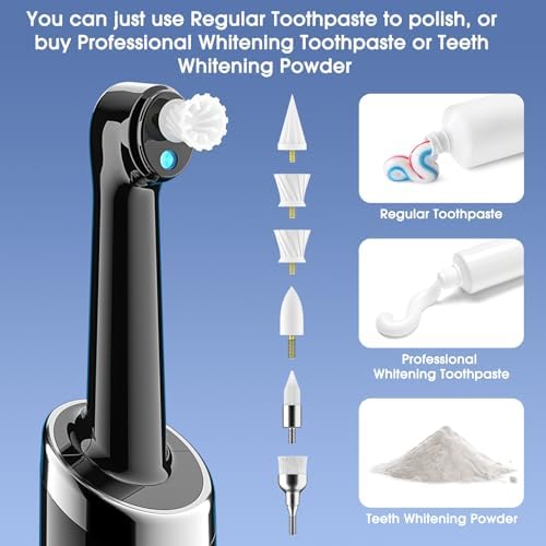 Tooth Polisher Plaque Remover for Teeth, Whitening Kit with 10 Brush Heads & 6 Polishing Pastes, 5 Smart Modes to Effectively Remove Stains, Yellowing and Plaque, Rechargeable, Black