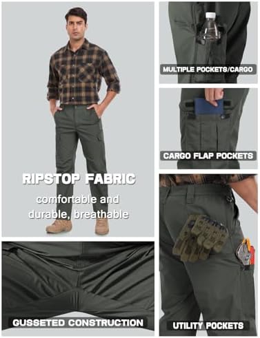Mens Cargo Work Pants Durable Ripstop Tactical Pants with 7 Pockets Outdoor Water Resistant Hiking Woking Construction Pants