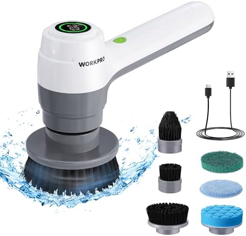 WORKPRO 8V Cordless Spin Scrubber, 6 Replaceable Brush Heads & 3 Speeds