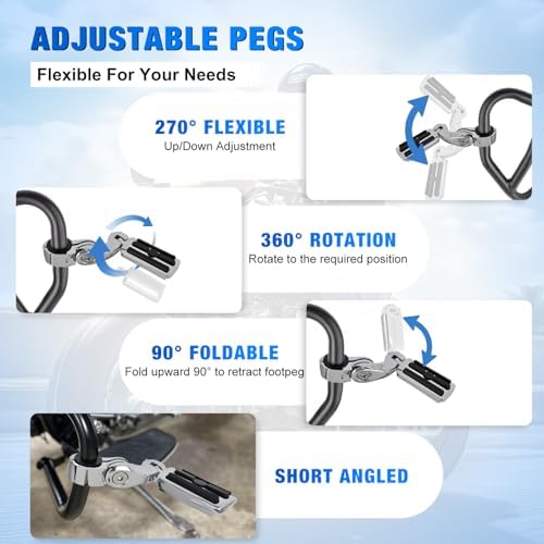 Nilight 1-1/4" Motorcycle Highway Pegs For Harley Touring Street Glide Electra Glide Road King CVO Dyna Trike Sportster Adjustable Short Angled Foot Pegs Universal For 1.25" Engine Guard Crash Bars