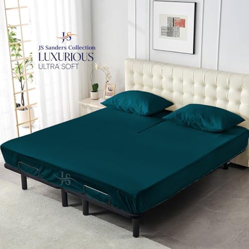 JS Sanders Collection 600TC Flex Top Queen Sheets for Sleep Number Bed - 100% Cotton 4 Pcs Top Split Queen Sheets for Adjustable Bed Queen 36 Inch Down Teal -18 Inch Deep